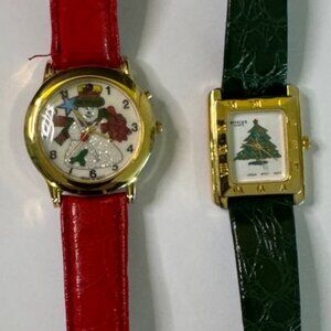 Set of 2 Vtg.Cardini Quartz Holiday Snowman & Moniex Christmas Tree Analog Watch